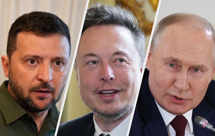 Volodymyr Zelenskyy, Elon Musk and Vladimir Putin
