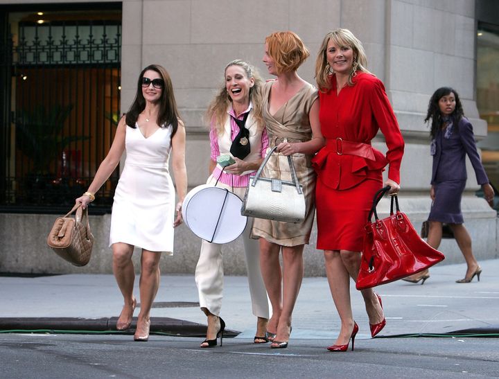 Kristin Davis, Sarah Jessica Parker, Cynthia Nixon and Kim Cattrall on the set of the first Sex And The City film in 2007