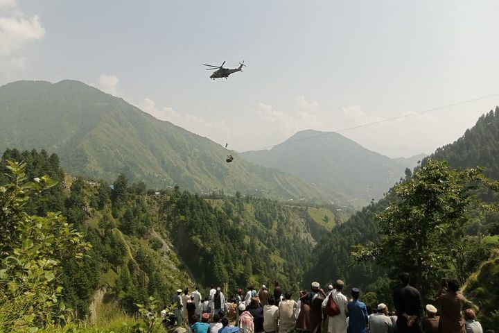 Eight people were stuck on a cable car in northeast Pakistan after a cable broke mid-journey.