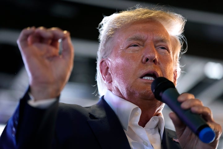 Republican presidential candidate former President Donald Trump speaks to supporters during a visit to the Iowa State Fair, Saturday, Aug. 12, 2023, in Des Moines, Iowa. Trump’s response this week to his fourth criminal indictment in five months follows a strategy he has used for years against legal and political opponents: relentless attacks, often infused with language that is either overtly racist or is coded in ways that appeal to racists. 