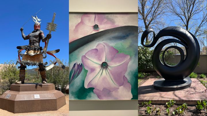 From left: Apache Mountain Spirit Dancer sculpture on Museum Hill, Petunia No. 2 and Abstraction by Georgia O'Keeffe.