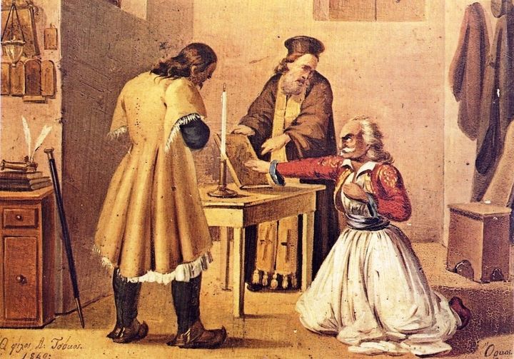 «Ο όρκος του Φιλικού». Πίνακας του Επτανήσιου ζωγράφου Διονυσίου Τσόκου (1849