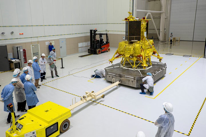 In this photo released by the Roscosmos State Space Corporation, the moon lander Luna-25 automatic station is seen at the Vostochny Cosmodrome in the Russia's Far East, on July 26, 2023. Russia's Luna-25 spacecraft crashed into the moon after it spun into an uncontrolled orbit, the country's Roscosmos space agency said Aug. 20, 2023. 