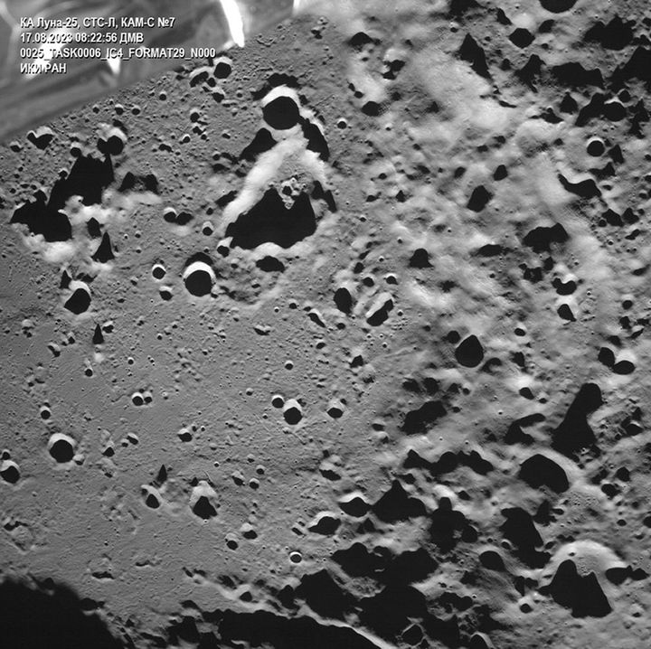 This photo released by the Roscosmos State Space Corporation on Aug. 17, 2023, shows an image of the lunar south pole region on the far side of the moon captured by Russia's Luna-25 spacecraft before its failed attempt to land. 