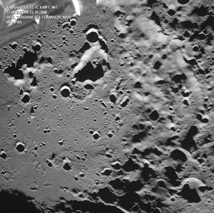 This photo released by the Roscosmos State Space Corporation on Aug. 17, 2023, shows an image of the lunar south pole region on the far side of the moon captured by Russia's Luna-25 spacecraft before its failed attempt to land. 