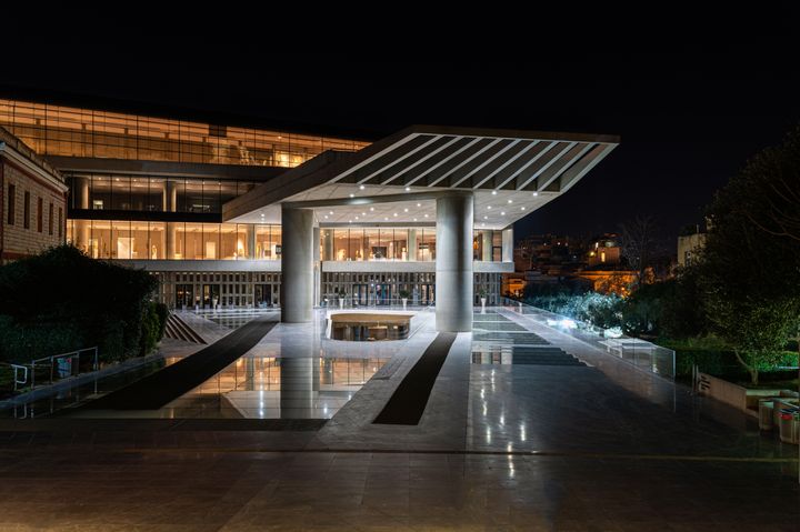 20 January 2021, Athens, Greece: This is a photo of the entrance to the new Acropolis museum at night