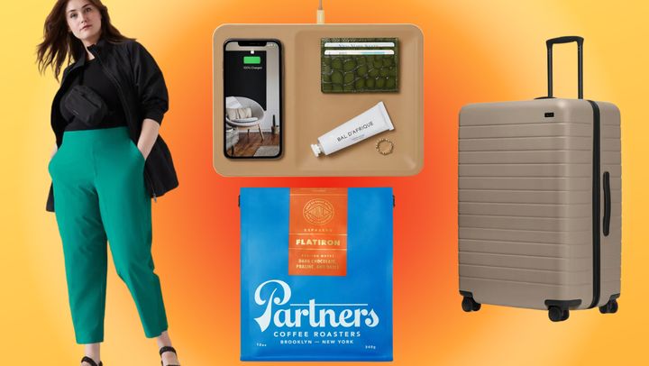 Athleta's Brooklyn ankle pants, a Courant phone charging station, Partners Coffee and Away luggage.