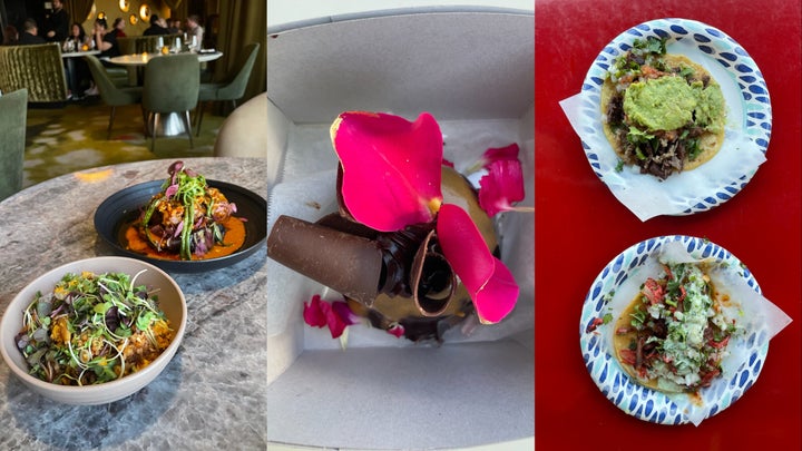 From left: Wagyu fried rice and short-rib kare-kare at Animae, a chocolate and caramel treat from Extraordinary Desserts, and tacos at Tacos El Gordo.