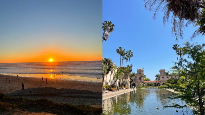 From left: Sunset views from Powerhouse Park and daytime strolling in Balboa Park.