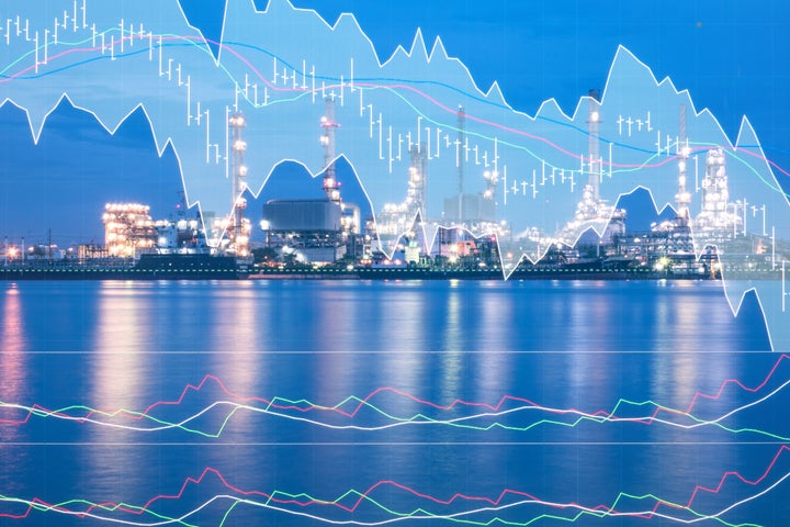 double expose oil refinery with investment graph chart conpect