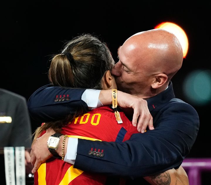 Luis Rubiales embraces Spain player Alba Redondo after the FIFA Women's World Cup final in Australia.