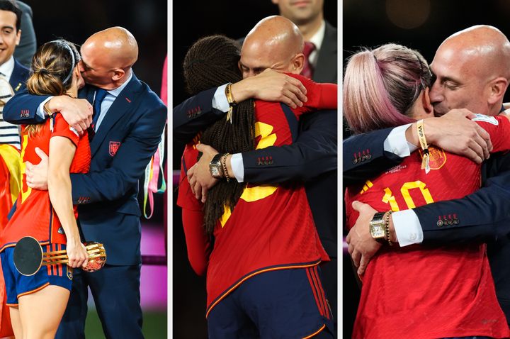 Rubiales kissing other players on the cheeks while congratulating them about their win