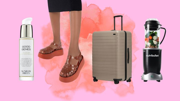 Sunday Riley's Good Genes serum, Melissa jelly platform shoes, Away's The Original suitcase and a Nutribullet Rx blender.
