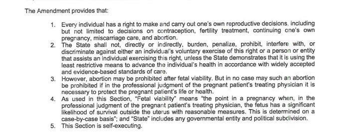 Screenshot of the original summary wording included in the abortion rights constitutional amendment.
