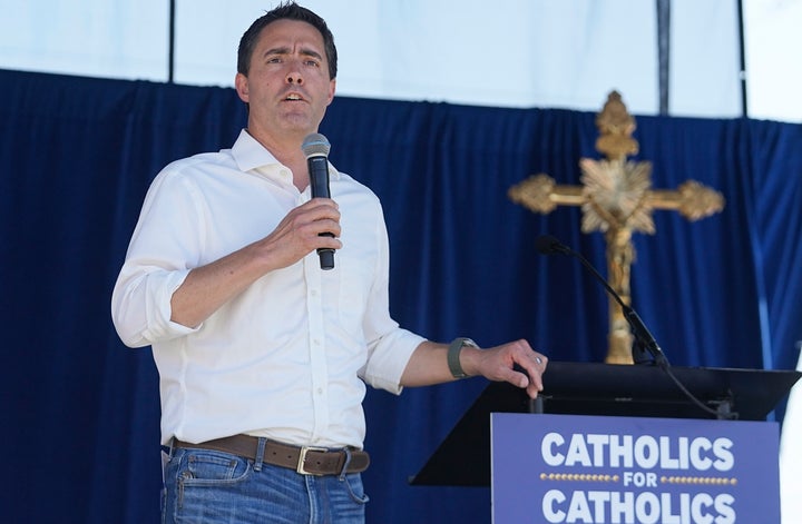 Ohio's Secretary of State Frank LaRose speaks during a "rosary rally" on Sunday, Aug. 6, 2023, in Norwood, Ohio.