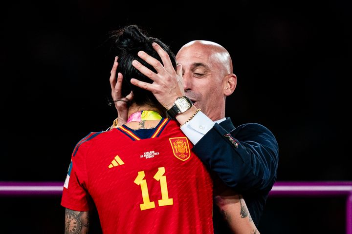 SYDNEY, AUSTRALIA - AUGUST 20: President of the Royal Spanish Football Federation Luis Rubiales (R) kisses Jennifer Hermoso of Spain (L) during the medal ceremony of FIFA Women's World Cup Australia & New Zealand 2023 Final match between Spain and England at Stadium Australia on August 20, 2023 in Sydney, Australia. (Photo by Noemi Llamas/Eurasia Sport Images/Getty Images)