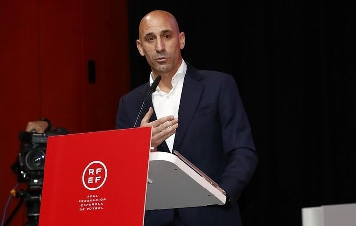 MADRID, SPAIN - AUGUST 25: Luis Rubiales, President of the Spanish Football Federation (RFEF), speaks during the extraordinary meeting of the General Assembly of the Spanish Football Federation in Madrid, Spain on August 25, 2023. In a shocking speech on Friday, the president of Spain's football federation refused to quit for kissing a female player while celebrating the World Cup victory. (Photo by Royal Spanish Football Federation / Handout/Anadolu Agency via Getty Images)