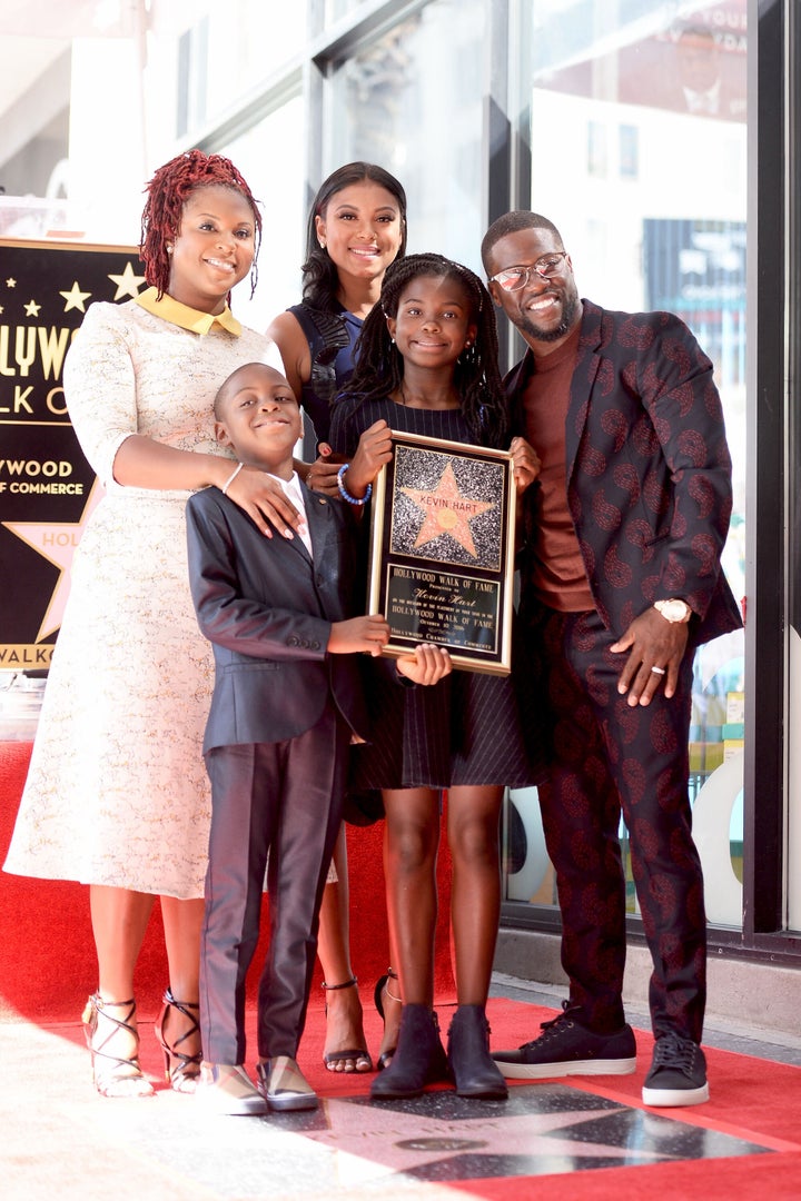 Torrei, Hendrix, Eniko, Heaven and Kevin Hart are photographed as the comedian is honored with a star on the Hollywood Walk of Fame on Oct. 10, 2016, in Los Angeles.