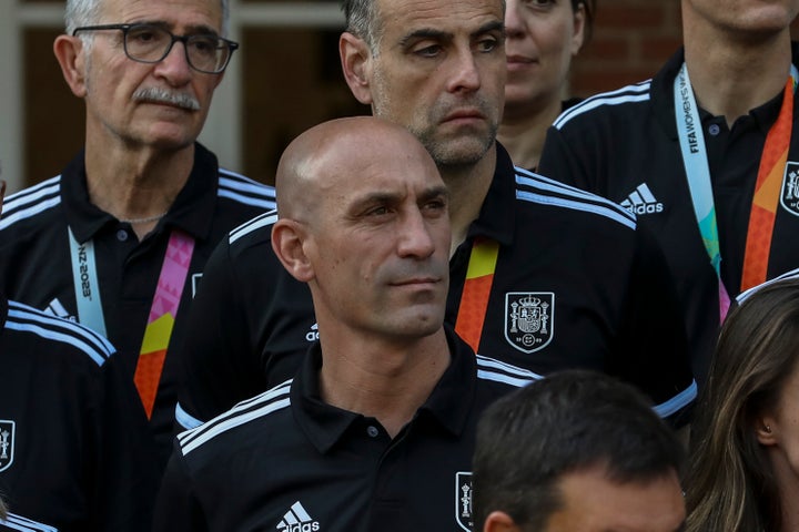 MADRID, SPAIN - AUGUST 22: Spanish FA president Luis Rubiales attends a reception to the Spanish women’s national football team at Moncloa Palace after they won the Australia and New Zealand FIFA Women's World Cup 2023, on August 22, 2023 in Madrid, Spain. The Spanish women's team have won their first-ever World Cup after beating England 1-0 in the final. (Photo by Pablo Blazquez Dominguez/Getty Images)