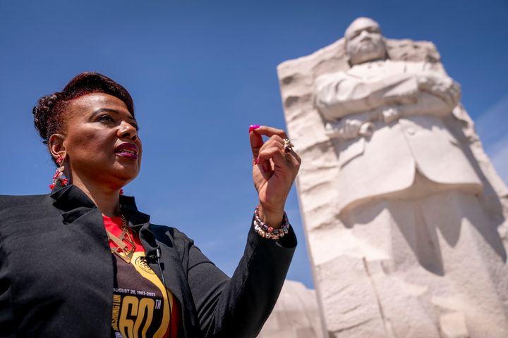 Bernice King, the daughter of Martin Luther King, Jr., speaks during an interview with The Associated Press at the Martin Luther King, Jr., Memorial in Washington, Friday, Aug. 25, 2023. (AP Photo/Andrew Harnik)