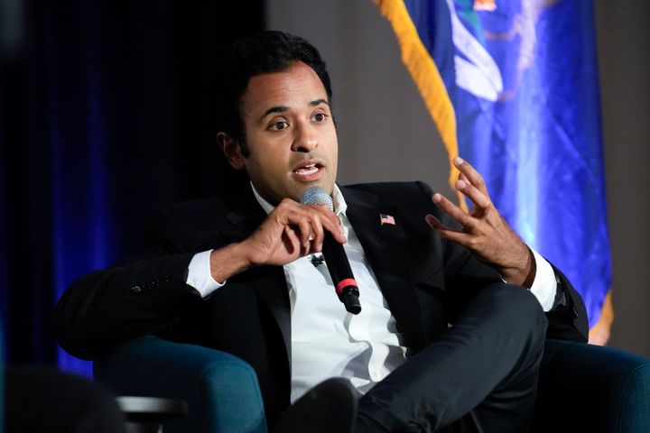 Republican presidential hopeful Vivek Ramaswamy, a businessman, speaks at an event in St. Clair Shores, Michigan, earlier this month. On Friday, he compared Democratic Rep. Ayanna Pressley to one of the “modern grand wizards of the modern KKK.”