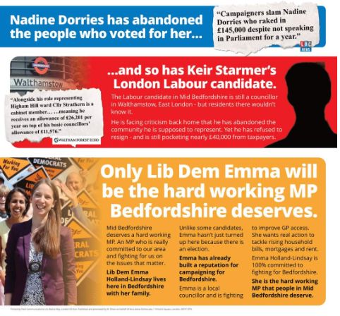 A Lib Dem leaflet distributed to voters in Mid Bedfordshire