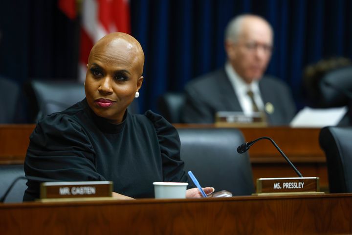 Rep. Ayanna Pressley (D-MA) participates in a House Financial Services Committee Hearing at the Rayburn House Office Building on May 17, 2023, in Washington, D.C.