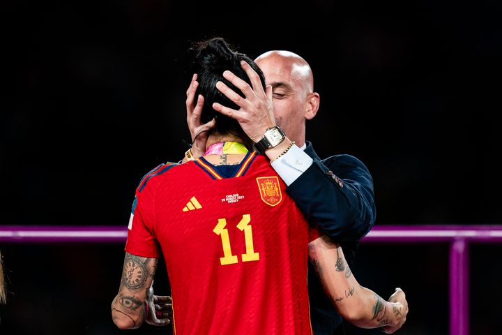 President of the Royal Spanish Football Federation Luis Rubiales kisses Jennifer Hermoso of Spain during the medal ceremony of FIFA Women's World Cup on Aug. 20 in Sydney, Australia.