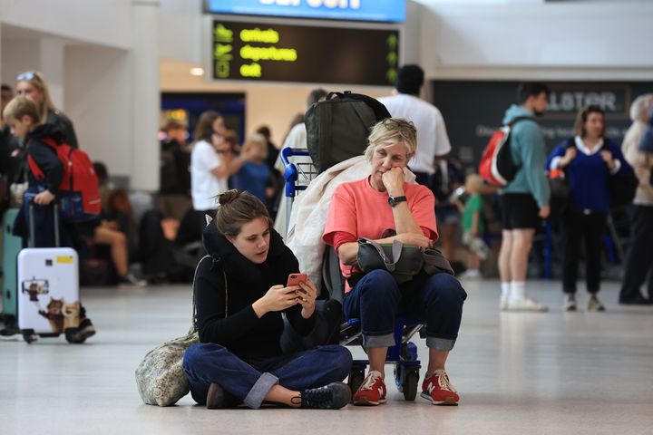 <strong>Passengers at Belfast International Airport, as flights to the UK and Ireland have been cancelled as a result of air traffic control issues in the UK.</strong>