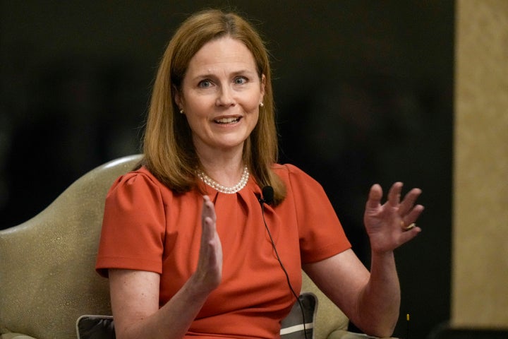 Supreme Court Associate Justice Amy Coney Barrett speaks during the Seventh Circuit Judicial Conference on Aug. 28, 2023, in Lake Geneva, Wis. 