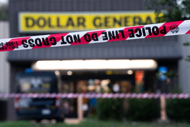 Crime scene tape stretches across the Dollar General store where three people were shot and killed on August 27, 2023 in Jacksonville, Florida. Police say that the attack by a gunman on Black customers at the store is being investigated as a hate crime.