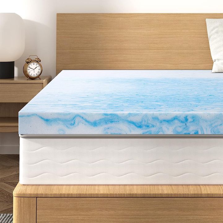 A gel-infused swirl memory foam bed topper.
