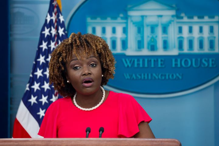 White House press secretary Karine Jean-Pierre speaks during the daily news briefing at the White House on Aug.14.