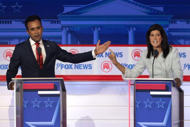 Ramaswamy and former U.N. Ambassador Nikki Haley participate in the first debate of the GOP presidential primary season.