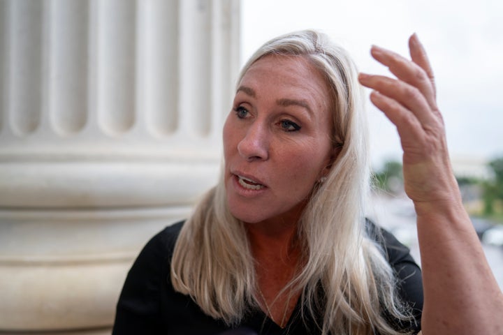 Rep. Marjorie Taylor Greene speaks to reporters at the Capitol in Washington D.C. on June 21, 2023. She recently questioned in an interview why her fellow Republicans weren't moving forward with impeaching Biden.