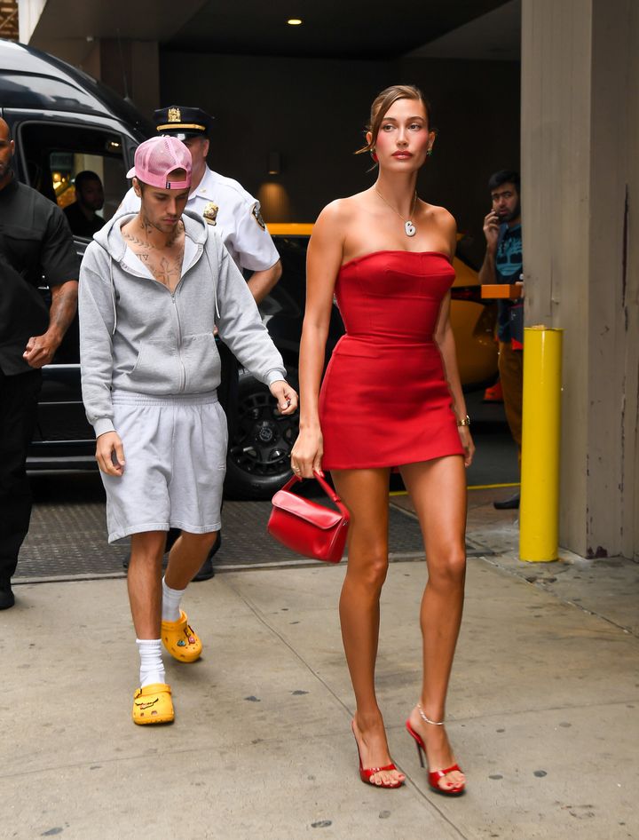 Justin and Hailey Bieber arrive at Krispy Kreme in Times Square on Aug. 28 in New York City.