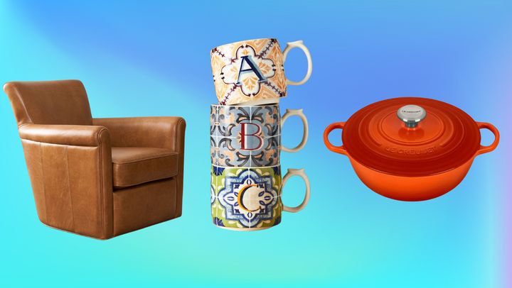 This leather swivel armchair, these alphabet mugs, and this Le Creuset cookware are all currently on sale.