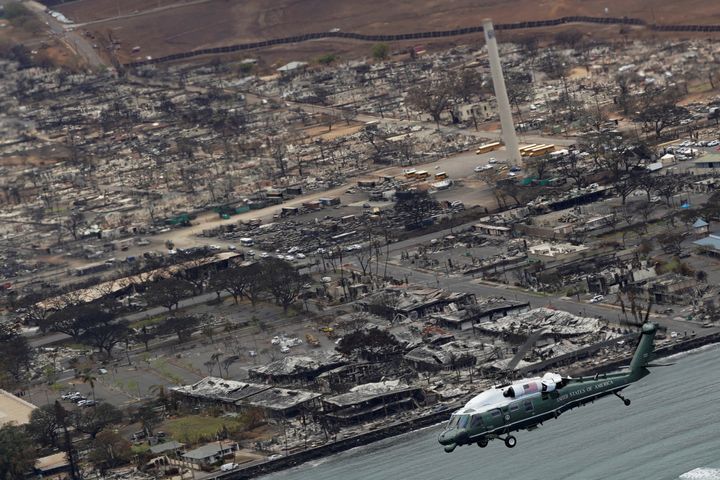 U.S. President Joe Biden, aboard Marine One, inspects the fire-ravaged town of Lahaina on the island of Maui in Hawaii.