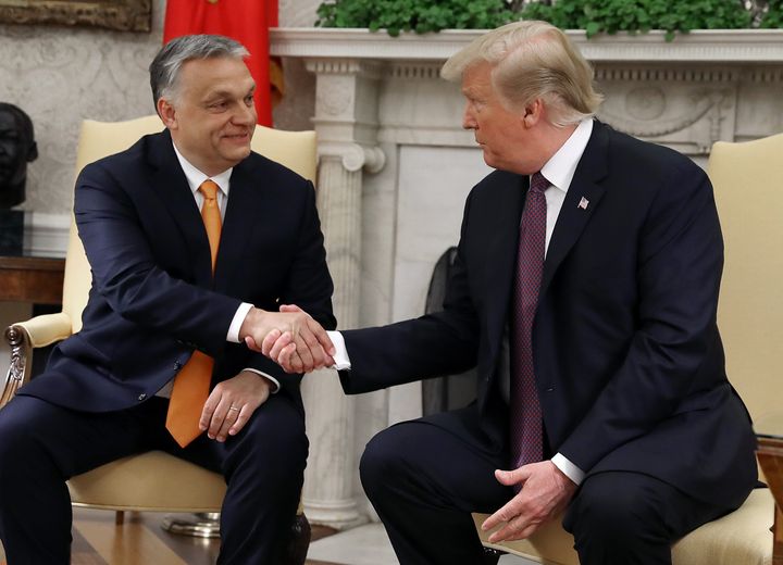 Then-President Donald Trump shakes hands with Hungarian Prime Minister Viktor Orban during a meeting in the Oval Office on May 13, 2019.