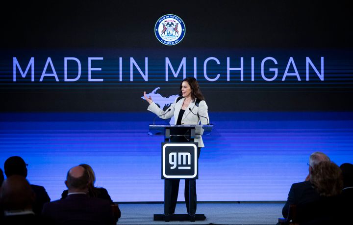 Michigan Gov. Gretchen Whitmer speaks at an event at which General Motors announced they are making a $7 billion investment, the largest in the company's history, in electric vehicle and battery production in the state of Michigan on Jan. 25, 2022, in Lansing, Michigan. The investment will be used at 4 facilities in Michigan and will create 4,000 jobs.