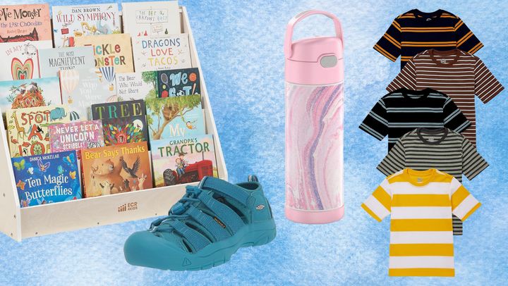 A bookshelf, Keen Newport sandals, a Thermos Funtainer water bottle and a five-pack of kids' T-shirts.