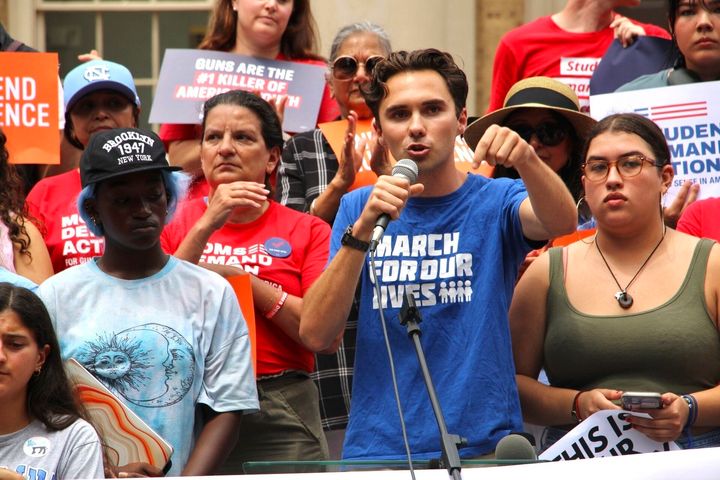 March For Our Lives co-founder David Hogg speaks at a gun safety rally in Chapel Hill, North Carolina on Wednesday. He hugged teary eyed students, several who he had met previously, and urged them to take their pain and anger to the ballot box.