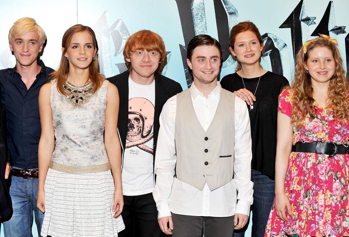 Harry Potter stars Tom Felton, Emma Watson, Rupert Grint, Daniel Radcliffe, Bonnie Wright and Jessie Cave at a 2009 photocall