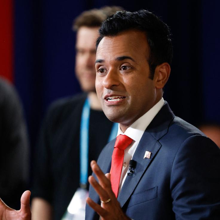 Entrepreneur and author Vivek Ramaswamy is interviewed in the Spin Room following the first Republican Presidential primary debate at the Fiserv Forum in Milwaukee, Wisconsin, on Aug. 23, 2023.