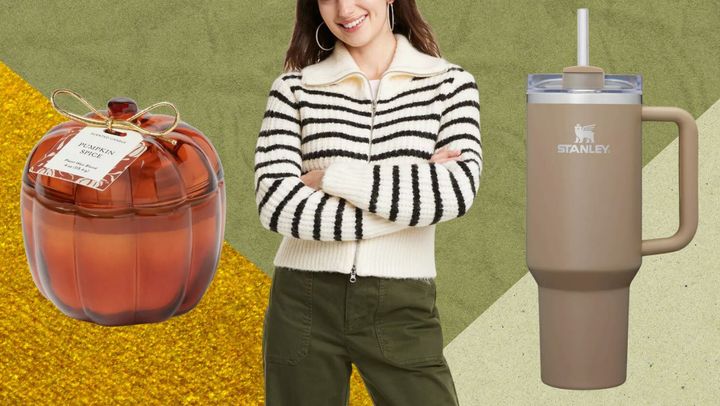 A decorative pumpkin candle, a double-zip cardigan and a new Stanley Quencher cup. 