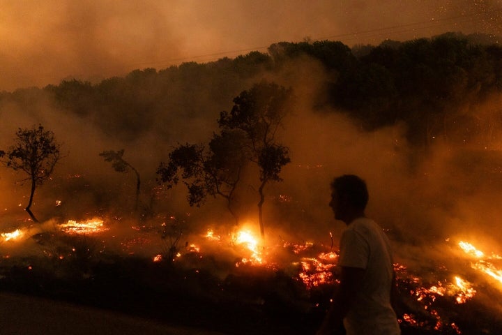 A view of flames as a forest burns, in the village of Dikela, near Alexandroupolis town, in the northeastern Evros region, Greece, Aug. 22, 2023. (AP Photo/Achilleas Chiras)