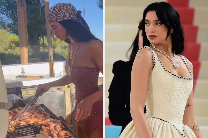 Dua Lipa cooking shrimp (left) and on the Met Ball red carpet (right)