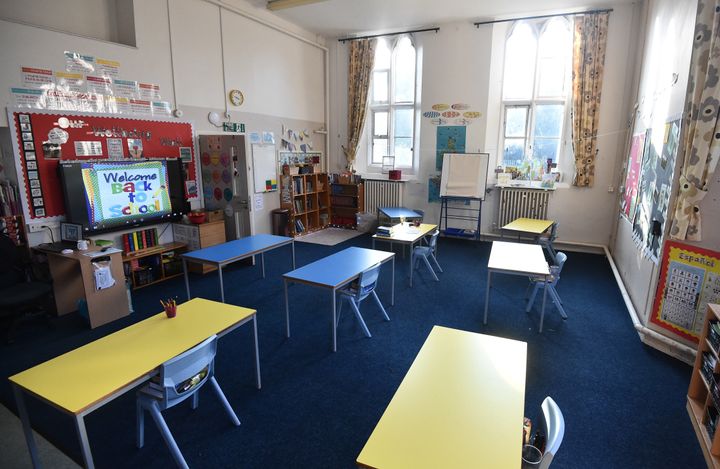 A general view of an empty school classroom in England.