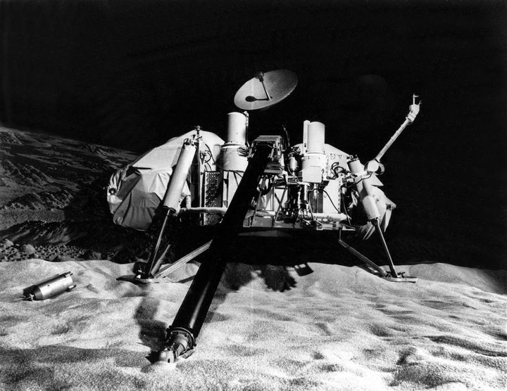 FILE - This undated photo shows NASA's Viking lander in a Mars simulation laboratory. The two cylinders on the top of the Lander are survey cameras, and below the right hand camera is one of 3 rocket motors used during the final soft landing on Mars. Viking 1 was launched on Aug. 20, 1975 and arrived at Mars on June 19, 1976. Viking 2 was launched Sept. 9, 1975 and entered Mars orbit on Aug. 7, 1976. The twin Vikings were the first successful landers on Mars from planet Earth. (AP Photo)