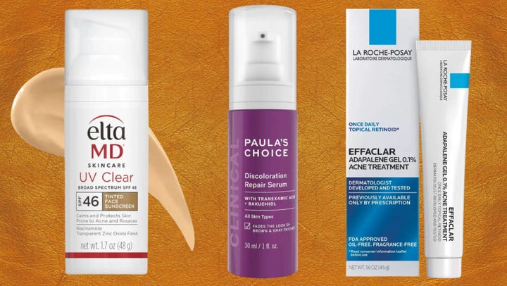 An EltaMD tinted sunscreen, Paula's Choice discoloration repair serum and La Roche-Posay's adapalene gel.